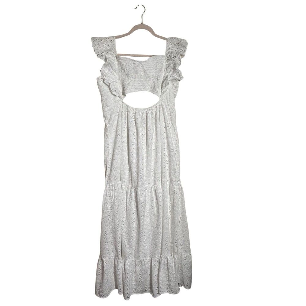 Boohoo White Eyelet Smocked Tiered Cutout Flutter Sleeve Maxi Dress 14 Cottage
